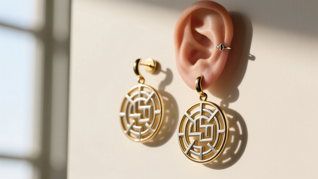 Side view of labyrinth door knocker earrings resting on a 12-gauge earlobe piercing, demonstrating proper weight balance and drape