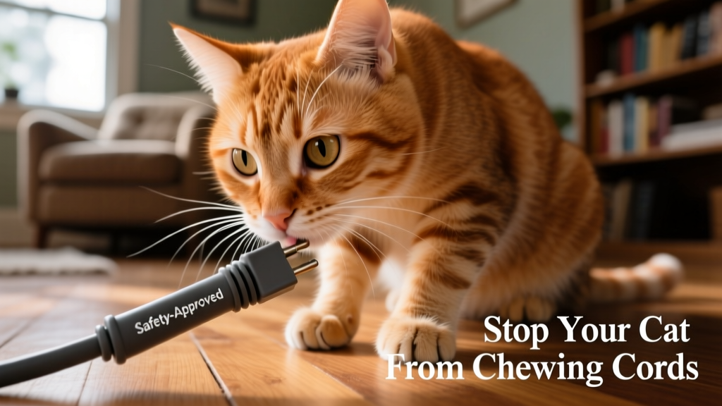 Close-up of a curious cat gently sniffing a covered electrical cord