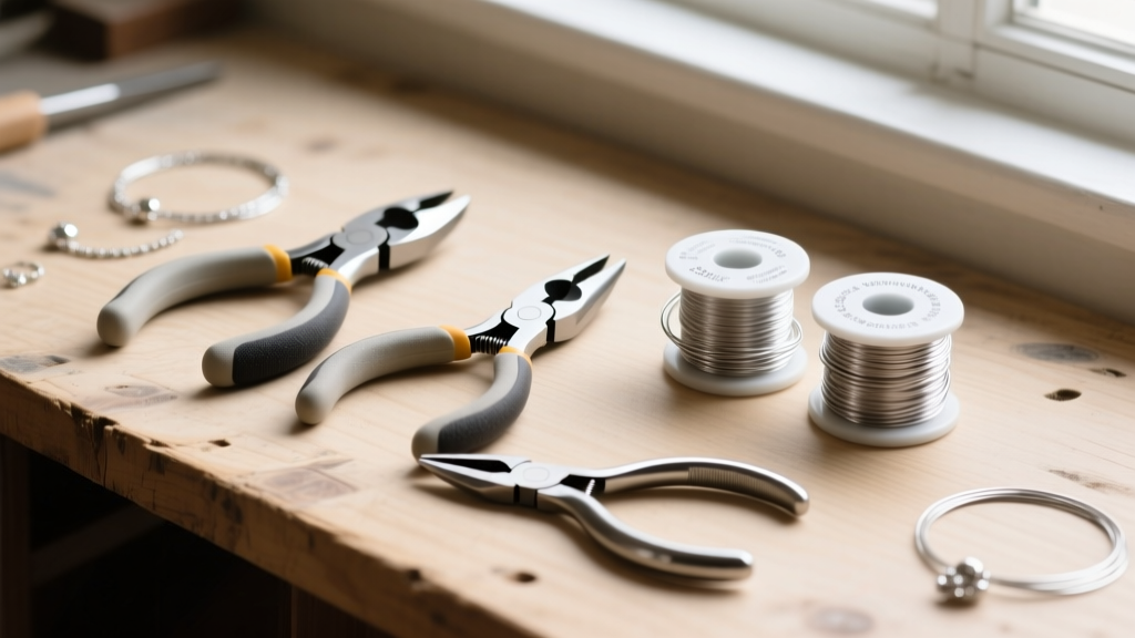 Flat lay of jewelry tools including nylon jaw pliers, flush cutters, and 20-gauge silver wire spools on a wooden workbench.