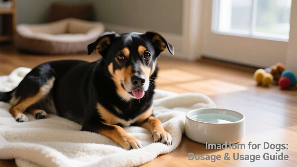 Close-up of a dog looking uncomfortable, lying on a soft blanket with a water bowl nearby