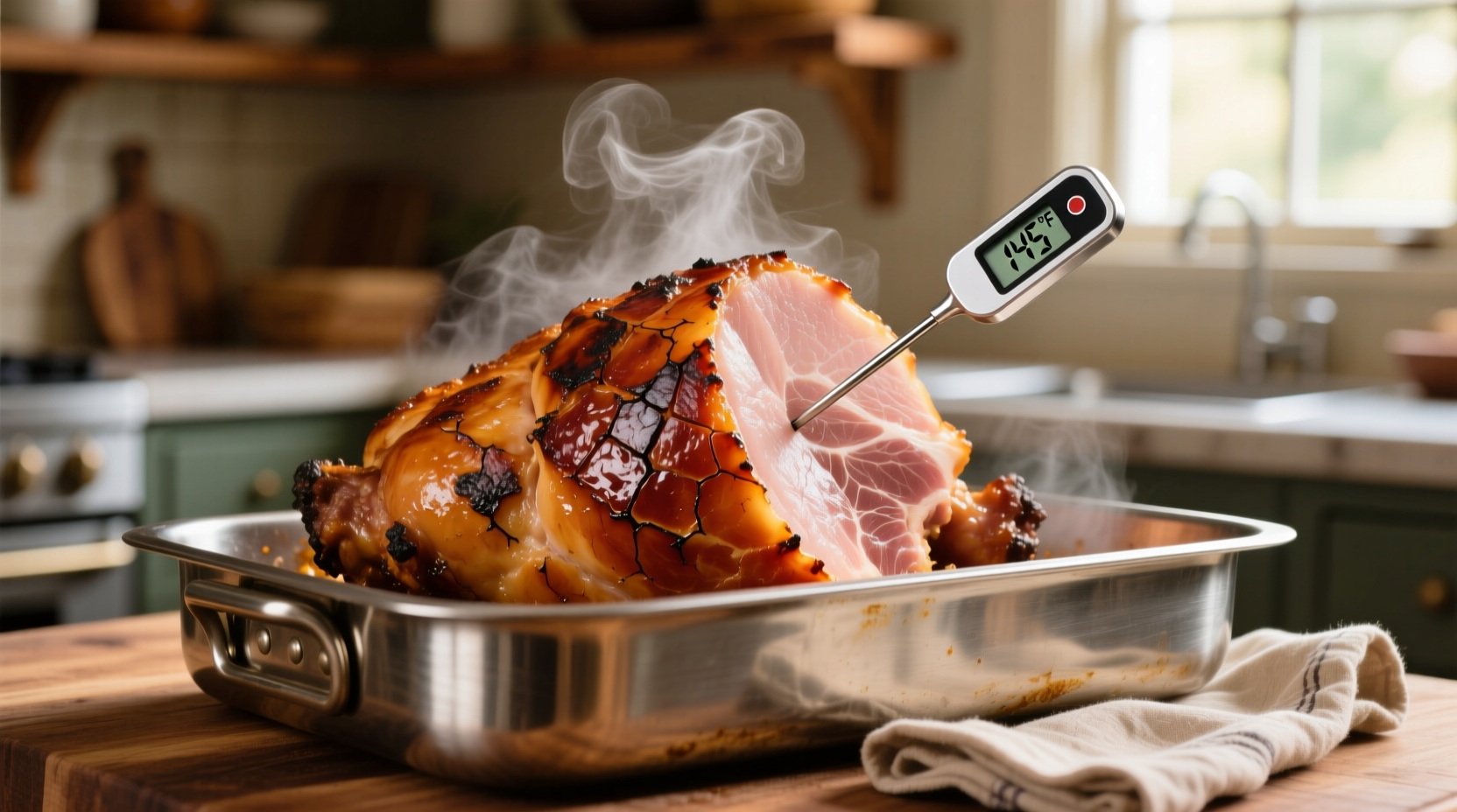 Fully cooked ham in roasting pan with thermometer