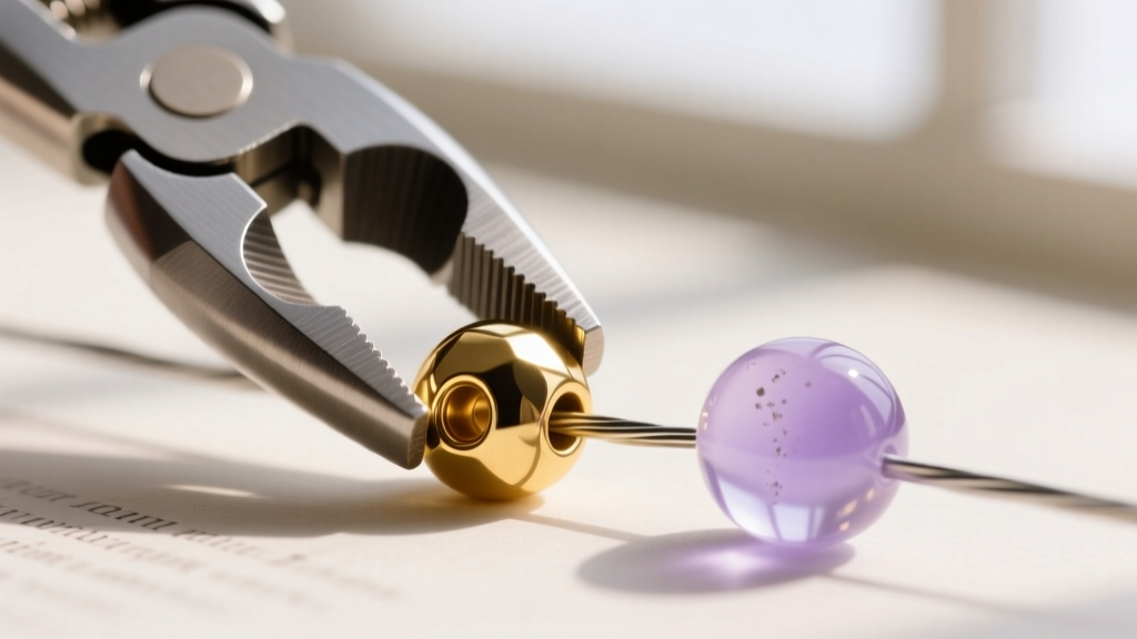 Macro shot of a gold-filled crimp bead compressed with flat-nose pliers on a beading wire beside a pale lavender glass bead