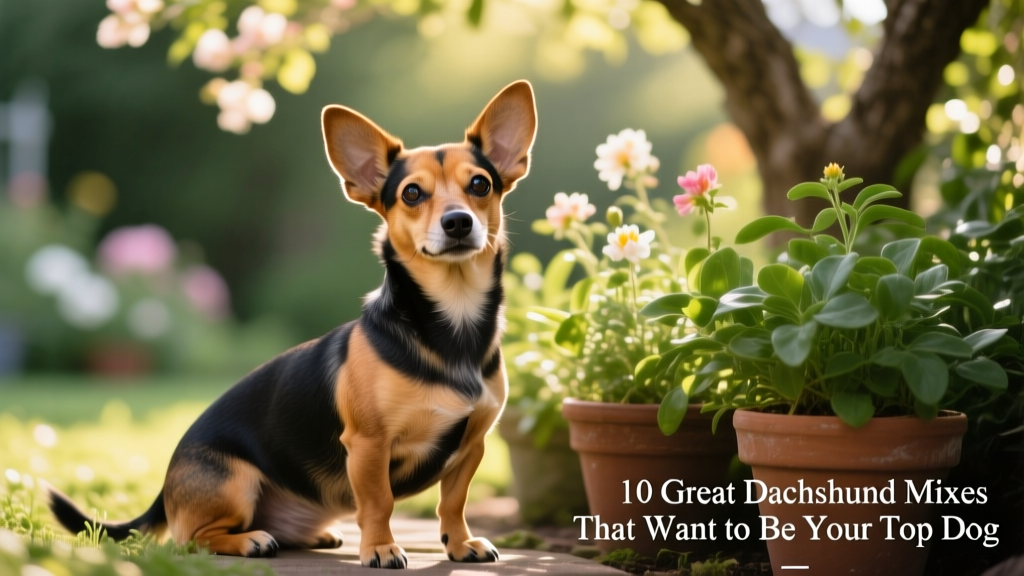 chihuahua dachshund mix with a dachshund body sitting near plants outside