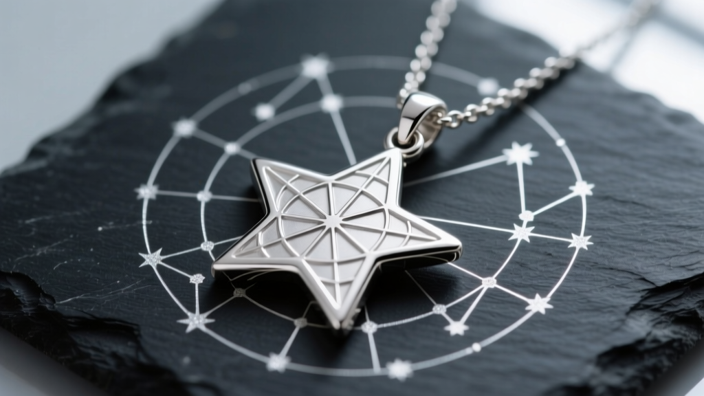 Close-up of polished sterling silver star map necklace pendant on dark slate, showing intricate laser-engraved constellations