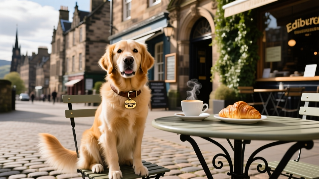 A cheerful dog sitting beside a table at an outdoor café in Edinburgh, with historic architecture in the background