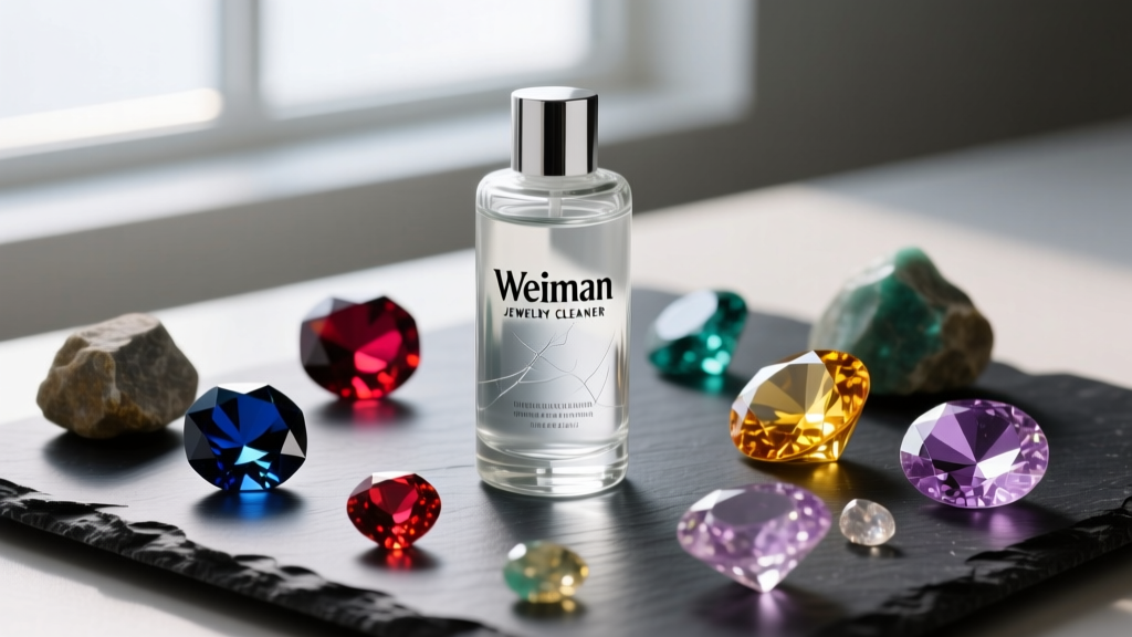 Glass bottle of Weiman jewelry cleaner beside scattered raw and polished gemstones on a dark slate surface in soft light.