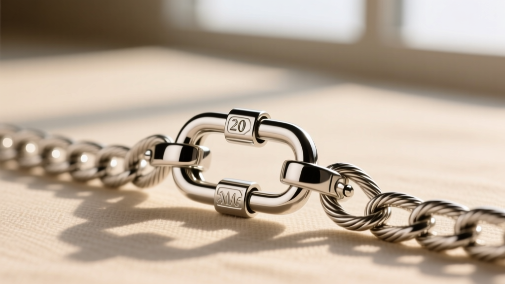 Macro shot of a silver lobster clasp securely hooked through the center link of a folded 20-inch sterling silver cable chain