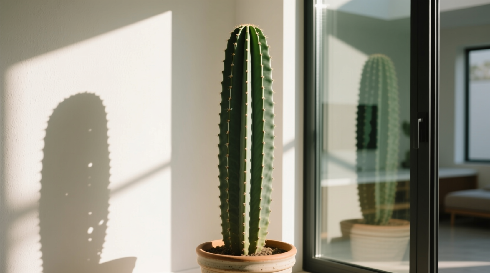 Columnar cactus showing clear rib structure against window light