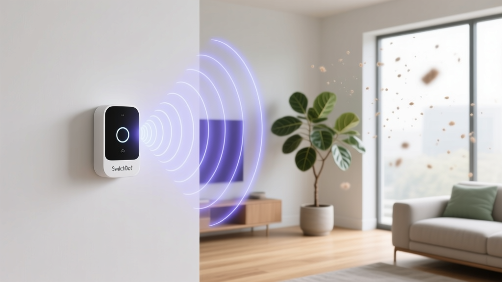Wall-mounted SwitchBot presence sensor emitting invisible mmWave radar fields across a modern living room to detect human occupancy.