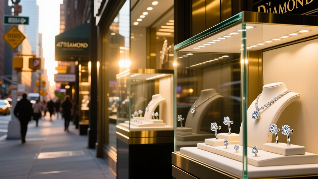 Wide-angle view of 47th Street Diamond District in NYC, focusing on illuminated display cases filled with diamond stud earrings.