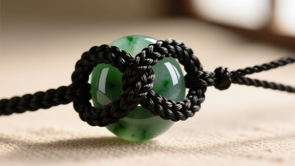 Macro photography of a tightly woven black nylon macrame sliding square knot securing a jade bead, showing thread texture