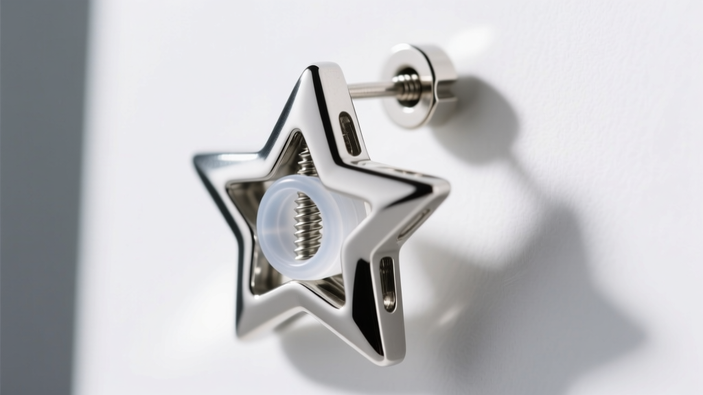 Macro shot of a silver star earring showing an adjustable screw-back clip mechanism with a clear hypoallergenic silicone cushion