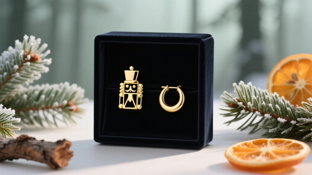 Velvet box displaying minimalist nutcracker ear cuffs and gold huggies, surrounded by winter pine branches and dried orange slices