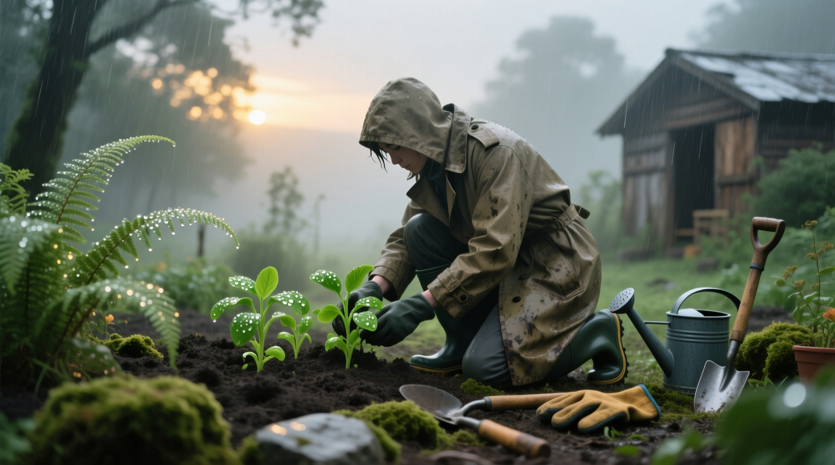 gardening in the rain
