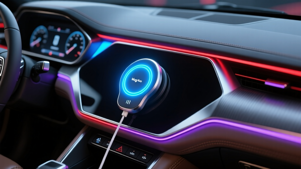 Close-up of a modern car dashboard featuring a glowing Iron Man Arc Reactor MagSafe mount and anime-style RGB ambient lighting