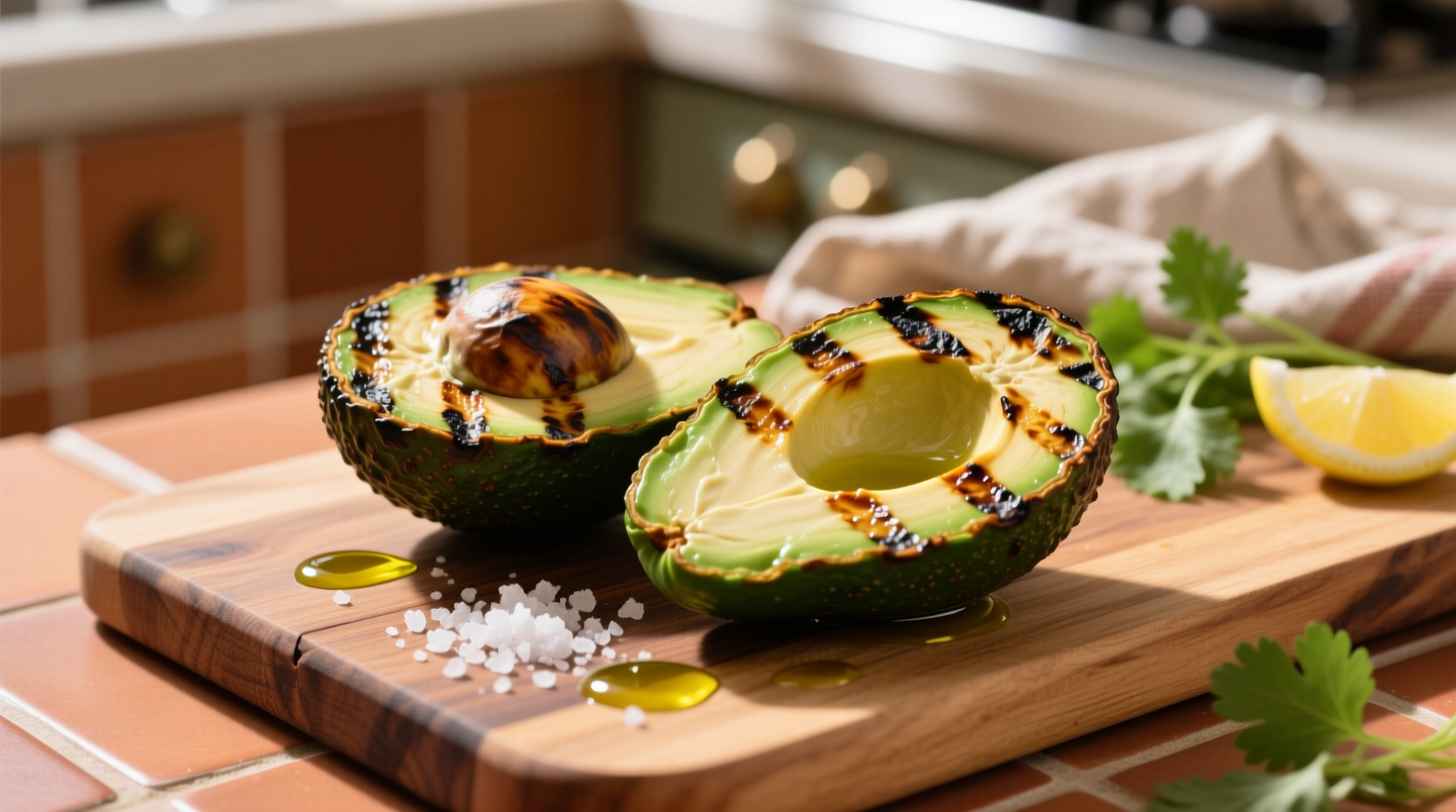 Grilled avocado halves with char marks