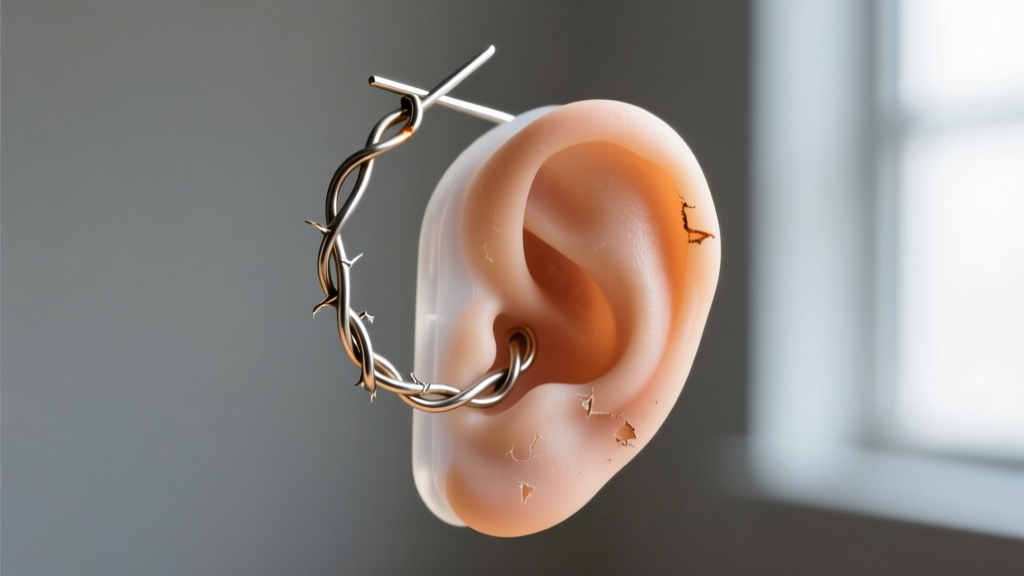 Macro shot of a poorly finished DIY hoop earring end showing a sharp un-filed wire edge resting on a silicone earlobe display