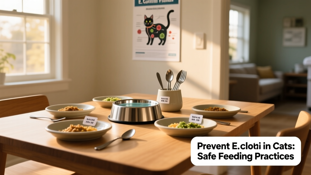 Clean feeding station with fresh water bowl and portioned meals, illustrating safe food handling practices