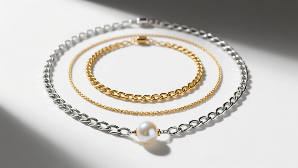 Flat lay of three layered necklaces including a 16-inch Madewell tennis necklace, a gold herringbone chain, and a pearl pendant.