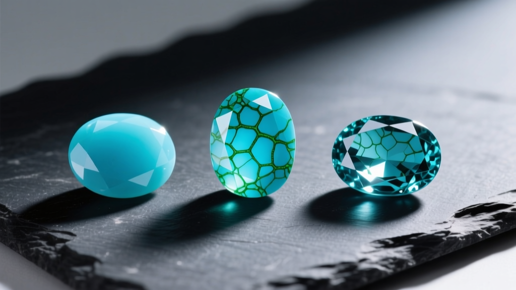 Three turquoise cabochons showing matrix variations, from sky blue to webbed green, on dark slate under directional light