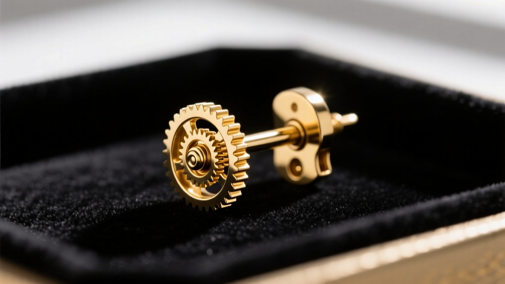 Macro photo of a 14k gold earring post with a secure La Pousette locking back mechanism partially engaged on a dark velvet tray