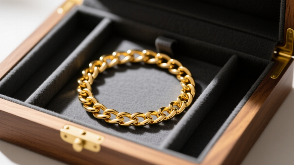 Polished 14k yellow gold chain resting inside a dark grey microfiber-lined wooden jewelry box with individual compartments.