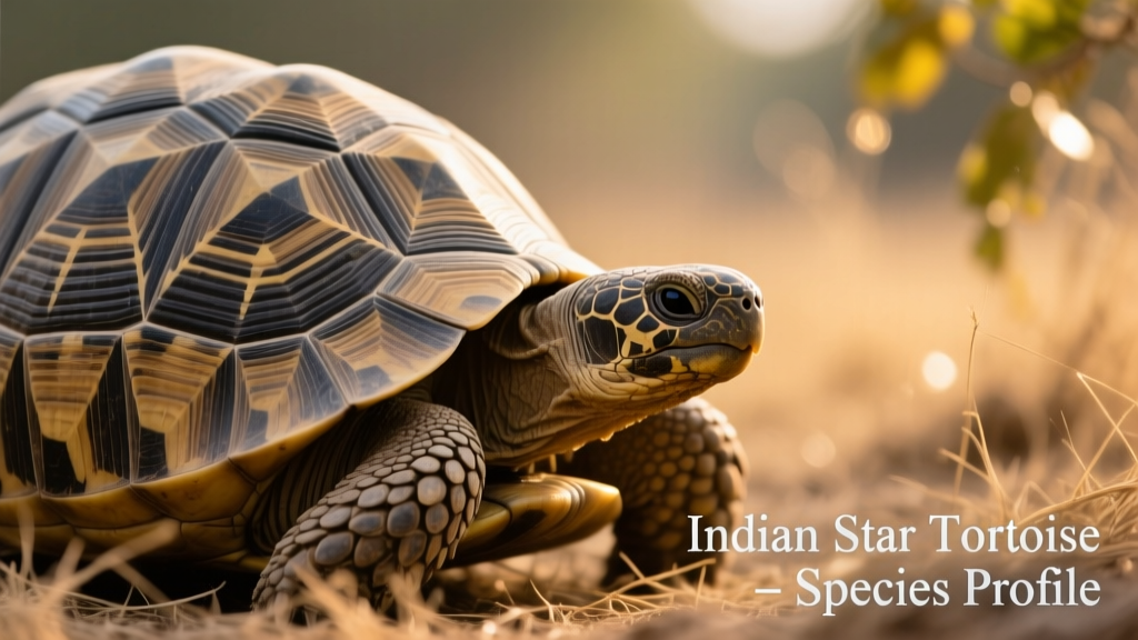 Close-up of an Indian star tortoise showing its distinctive star-patterned carapace