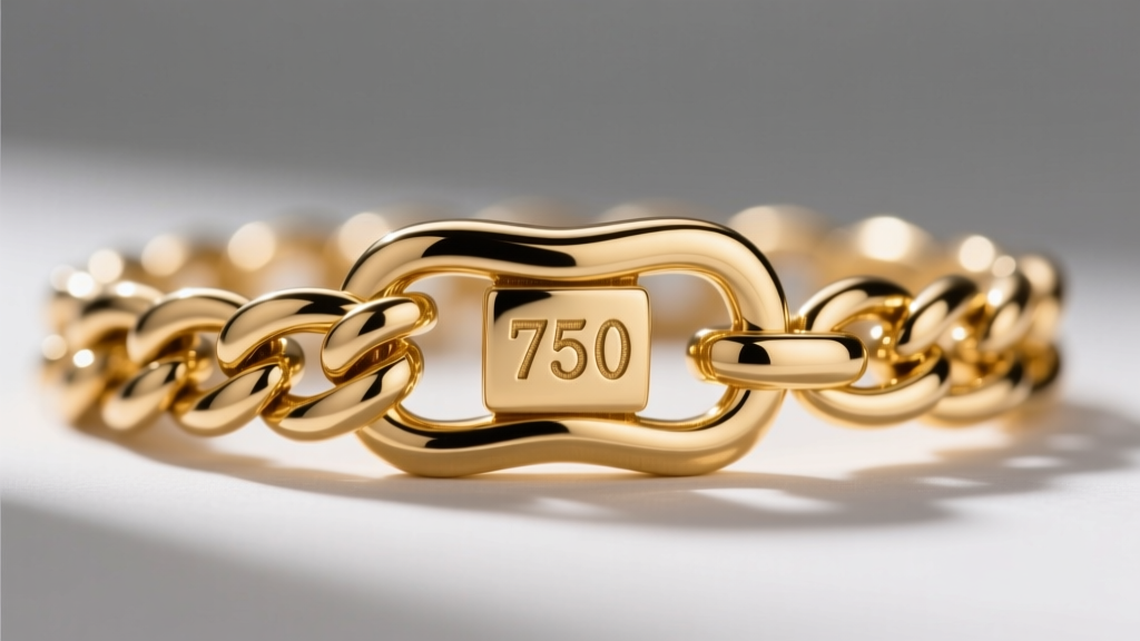 Macro shot of an 18k gold chain clasp showing a crisp 750 hallmark stamp, illuminated by a loupe light on a neutral grey backdrop.