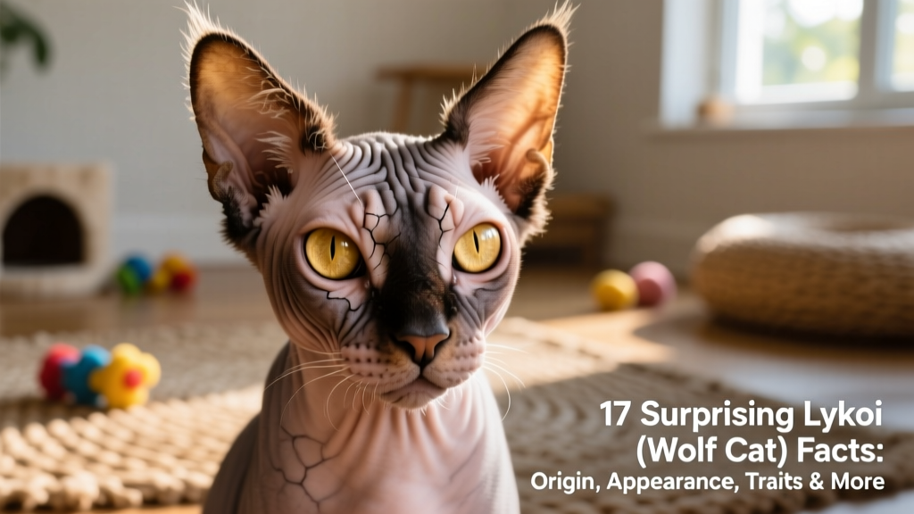 A close-up portrait of a Lykoi cat showing its distinctive partially hairless face, tufted ears, and intense golden eyes