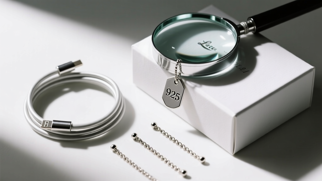 Flat lay of silver cable, box, and rolo chains, with a magnifying glass inspecting a 925 hallmark stamp on a small metal tag.