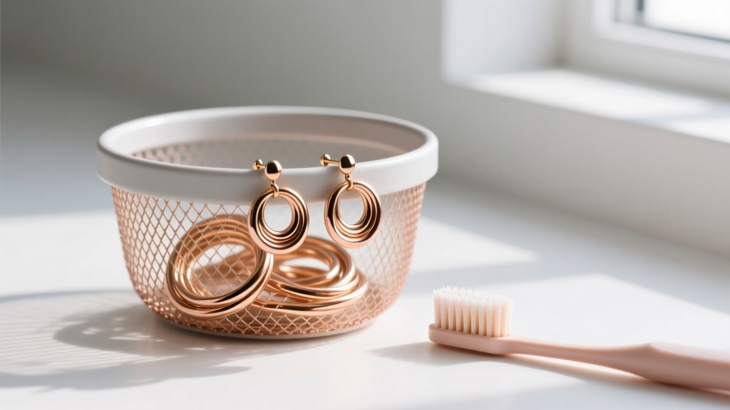 Ultrasonic cleaner basket holding tangled 14k rose gold spiral earrings, with a soft-bristled baby toothbrush resting nearby.