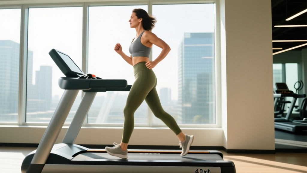 Side profile of a user demonstrating proper upright posture while power walking at 4.0 miles per hour on a treadmill