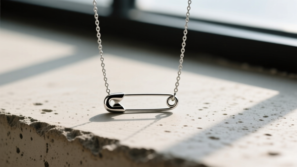 Titanium safety pin pendant on a delicate cable chain, photographed flat-lay on raw concrete with soft directional shadows.