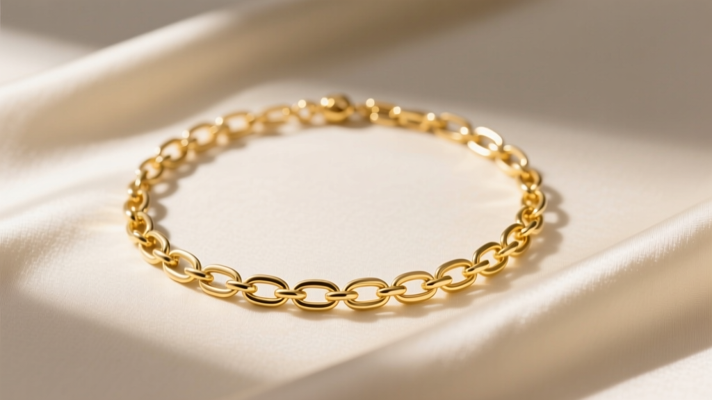 Flat lay of an 18k yellow gold Anita Ko paperclip chain necklace resting on cream silk fabric with soft directional morning light