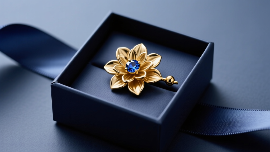 Elegant gift box holding a solid 14k gold BVLA dahlia piercing end with a bezel-set sapphire, resting on a silk ribbon background