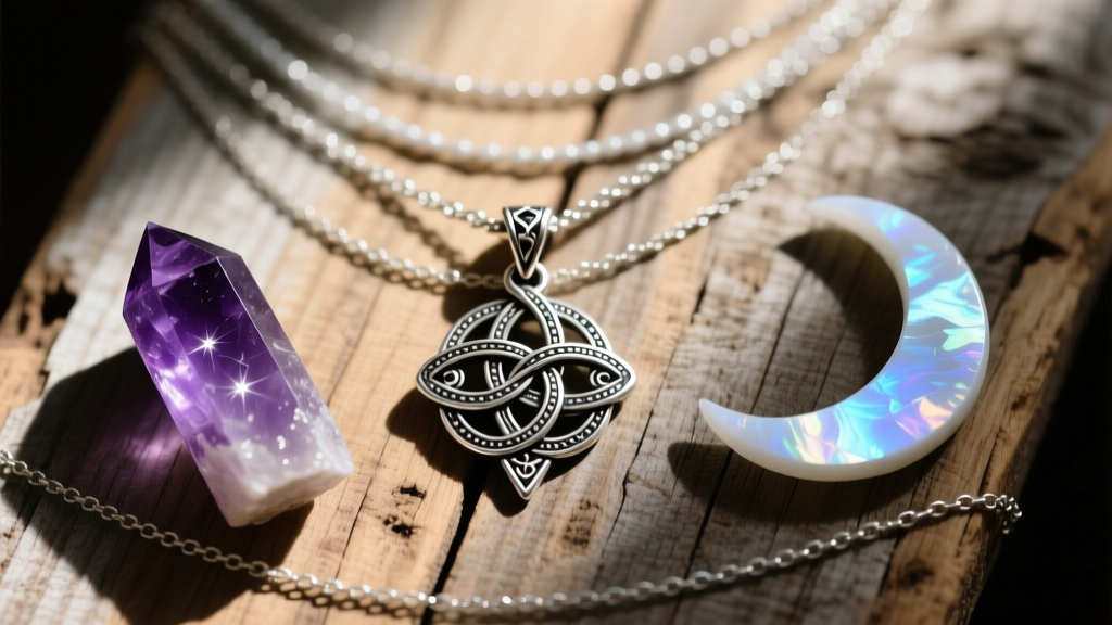 Flat lay of layered necklaces featuring silver witch knot, raw amethyst point, and moonstone crescent on rustic wooden surface