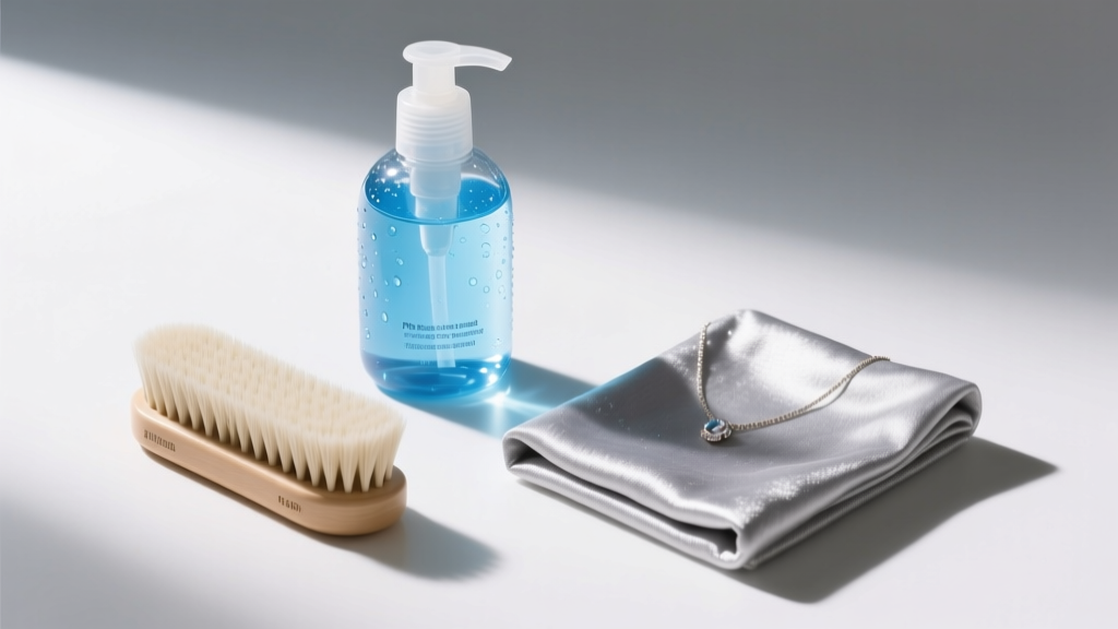 Flat-lay of jewelry cleaning supplies including pH-neutral liquid soap, a soft horsehair brush, and a treated silver polishing cloth.