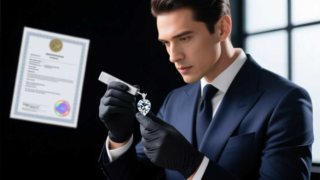 Jeweler using a diamond tester on a clear gemstone pendant, with a blurred gemological certification report in the background.