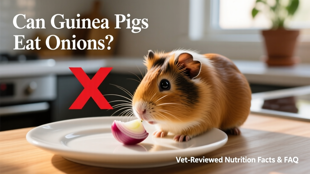 Close-up of a guinea pig sniffing a small piece of onion on a clean surface, with a red 'X' symbol overlaid