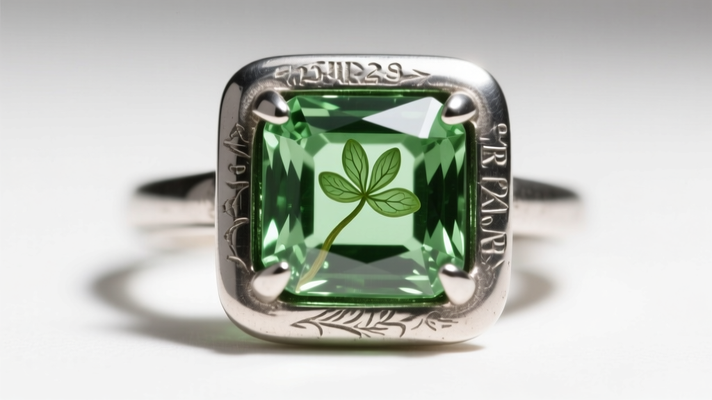 Macro shot of a 2-carat emerald-cut peridot set in an oxidized 925 sterling silver bezel, revealing internal lily pad inclusions.
