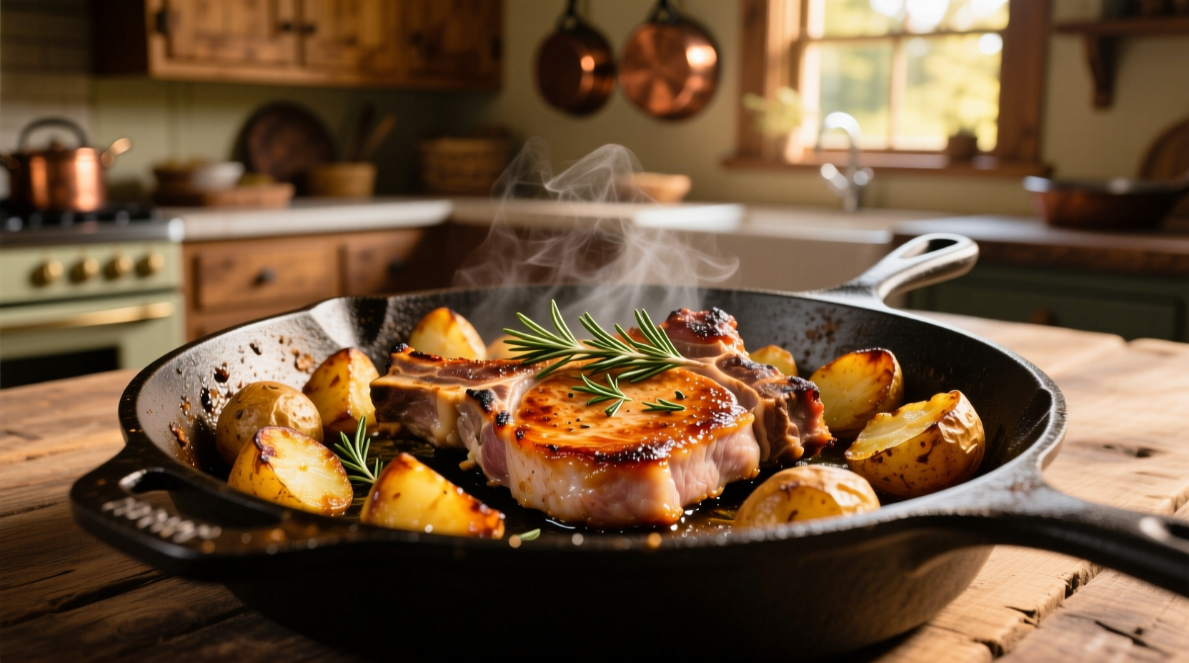 Golden pork chops with crispy roasted potatoes in cast iron skillet