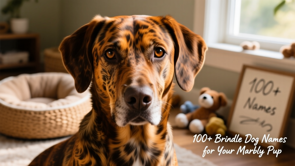 Close-up portrait of a brindle dog with warm-toned, swirling coat patterns