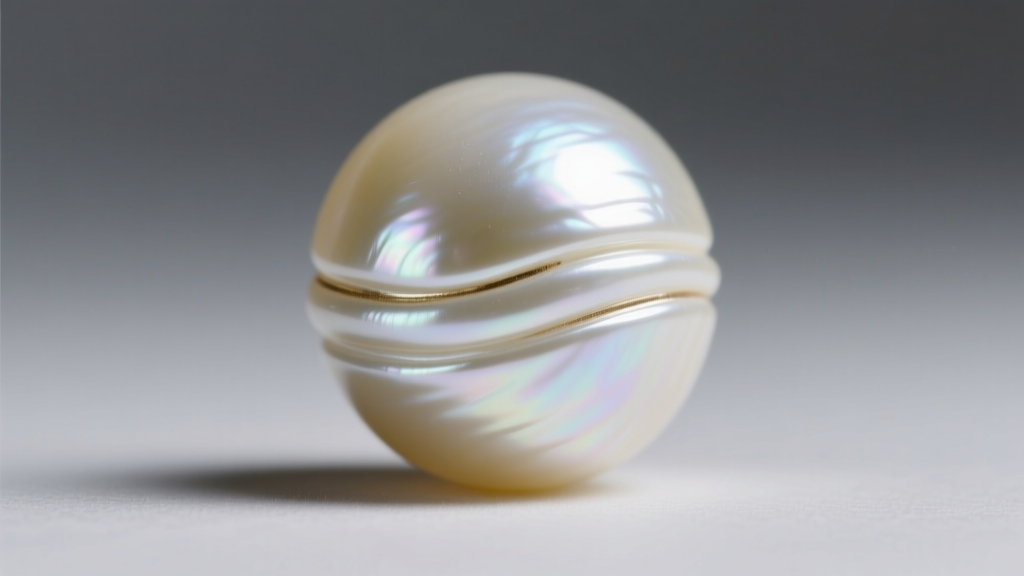 Extreme close-up of a vintage faux glass pearl revealing the pearlescent enamel coating over a heavy glass bead core