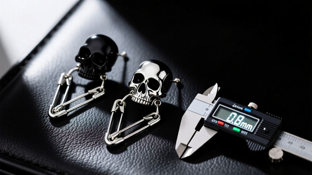 Rocker earrings on dark leather featuring skull studs, safety pin drops, and a digital caliper measuring the metal gauge size.