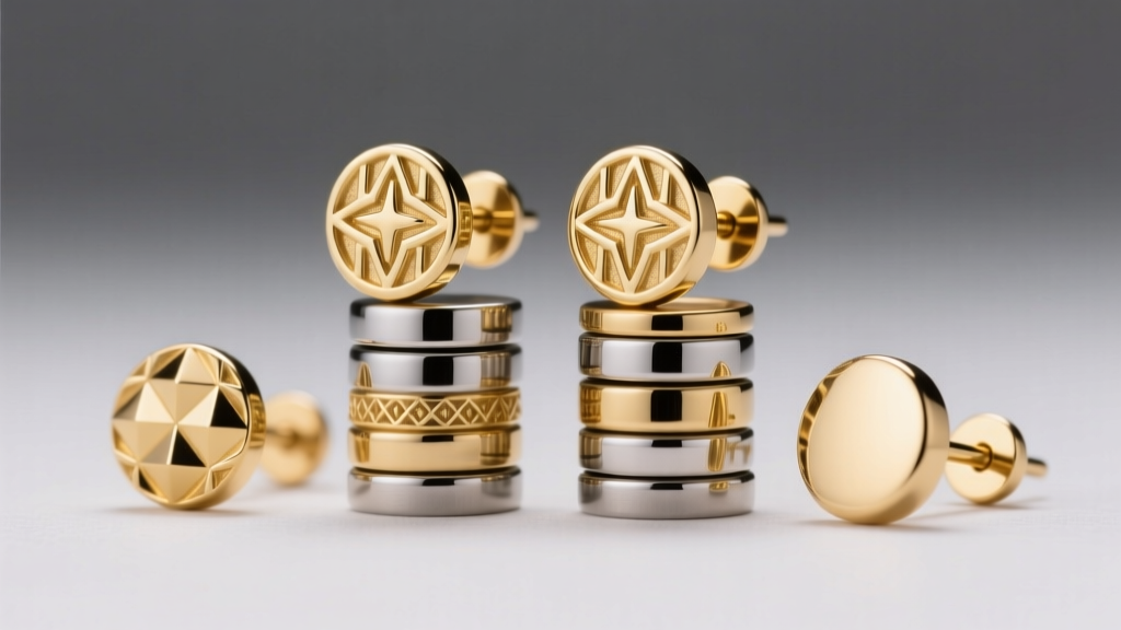 Close-up of a curated ear stack with 14k gold and titanium flat-back hypoallergenic studs under soft studio lighting.
