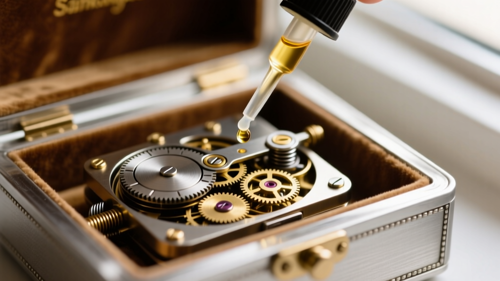 Close-up of an 18-note Sankyo wind-up music box mechanism inside a jewelry box, with a micro-oiler applying synthetic clock oil.