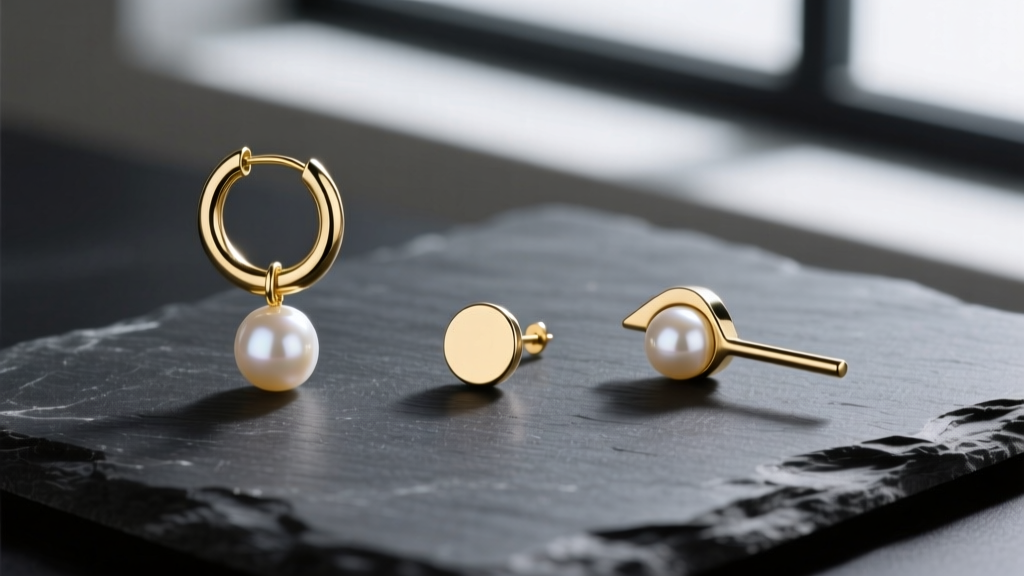 Flat lay of three mens pearl earring styles, including a gold hoop with a pearl dangle, resting on a dark textured slate surface.