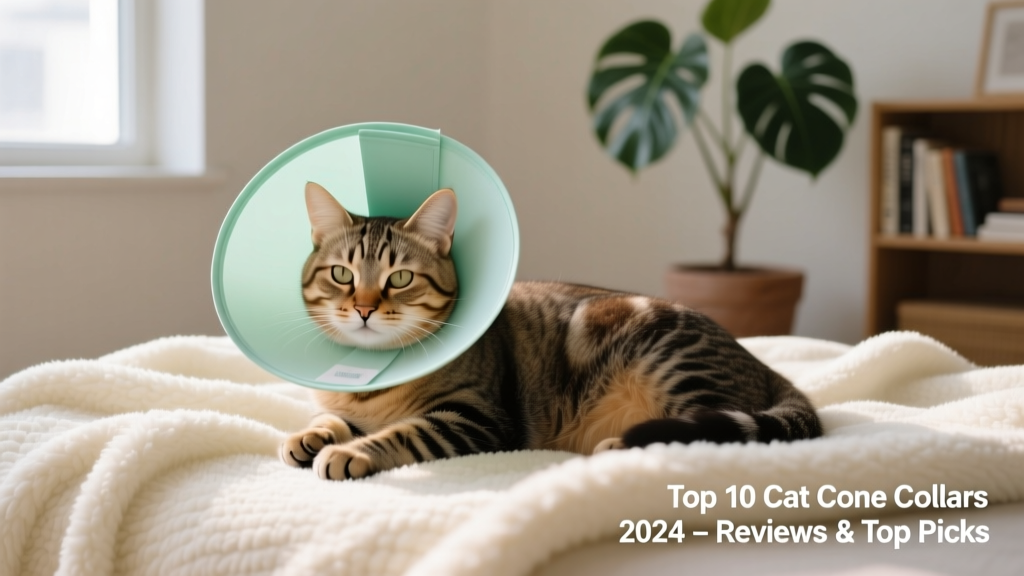 A calm indoor cat wearing a soft, breathable cone collar while resting on a plush blanket