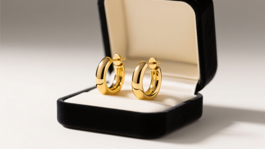 Open velvet box revealing polished 14k yellow gold tube hoop earrings, soft studio lighting highlighting the seamless metal reflection