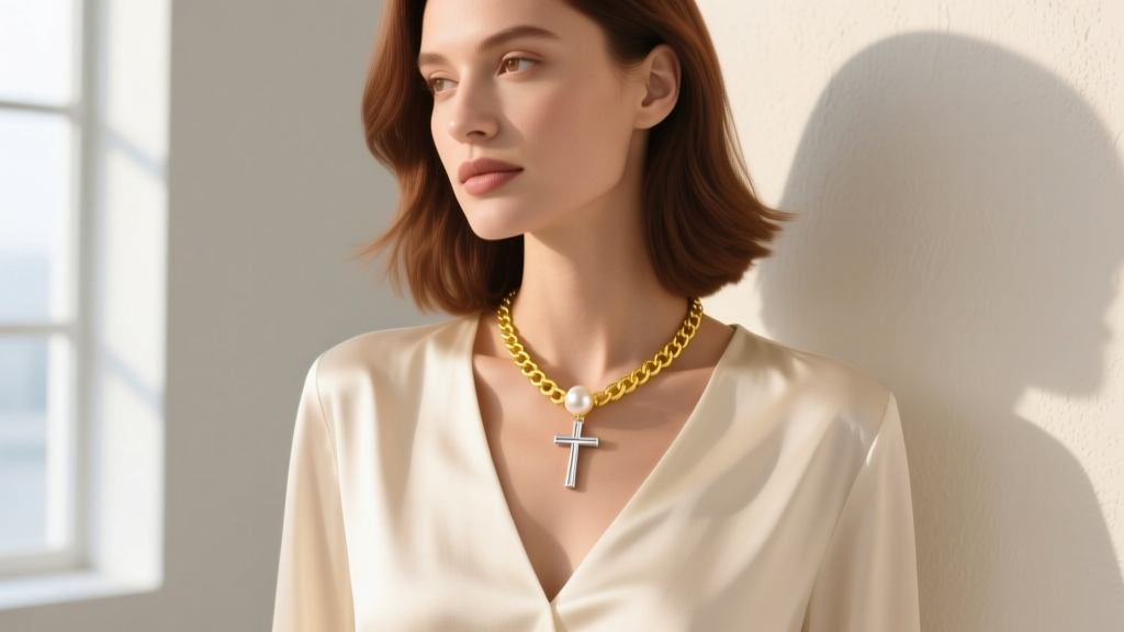 A woman wearing a 16-inch 14k yellow gold box chain with a small cream pearl and cross charm, paired with a V-neck cream blouse.